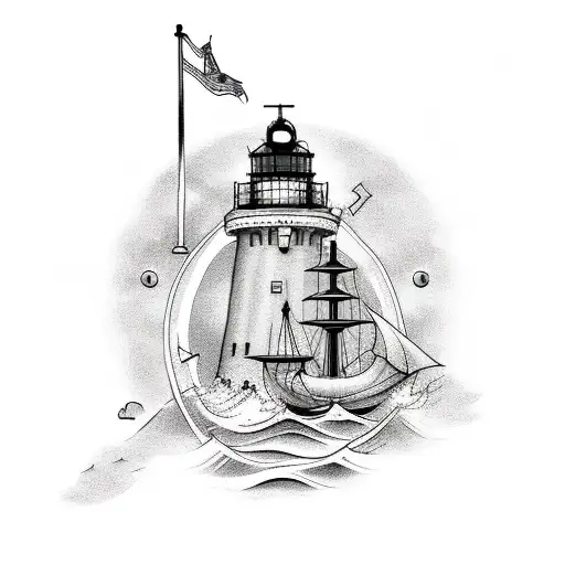 Naval Tatto With Anchor And Lighthouse