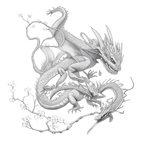 2 Small Dragons Flying Around A Cherry Blossom Vine