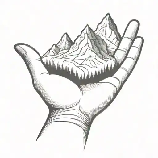 A Simple Minimalist Drawing Of A Large Mountain Being Cradled In The Palm Of A Human Hand