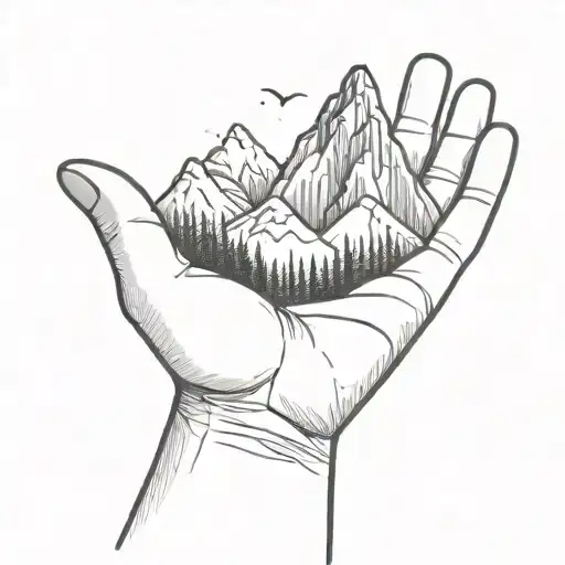 A Simple Minimalist Drawing Of A Large Mountain Being Cradled In The Palm Of A Human Hand