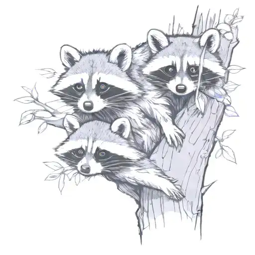 Racoons Sticking Out Of A Tree