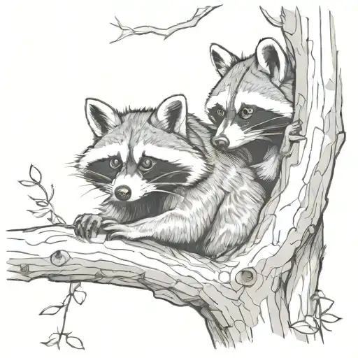 Racoons Looking Out Of A Tree Inside
