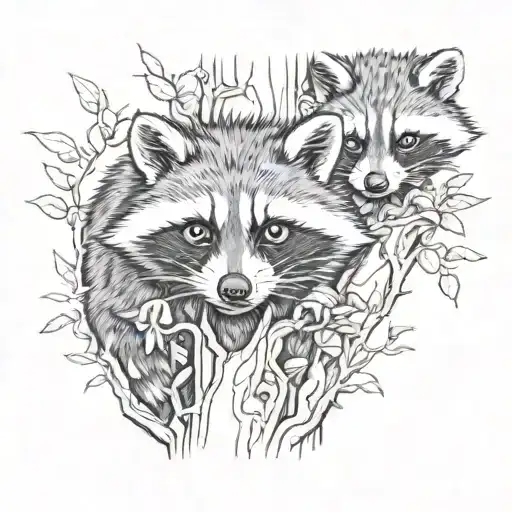 Racoons Looking Out Of A Tree Inside