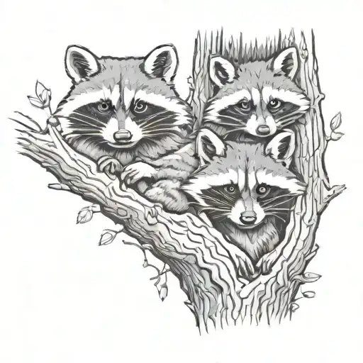 Racoons Looking Out Of A Hole Tree Inside