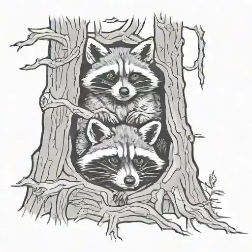 Racoons Looking Out Of A Hole Tree Inside