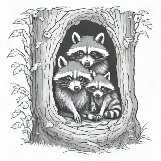 Racoons Looking Out Of A Hole Tree Inside