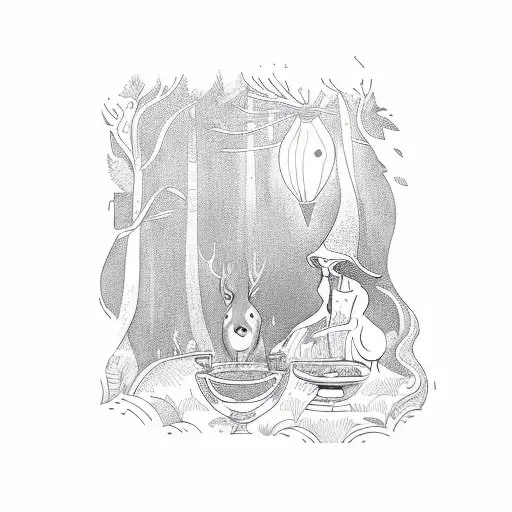 A Mystical Forest With A Witch Brewing Coffee In A Cauldron