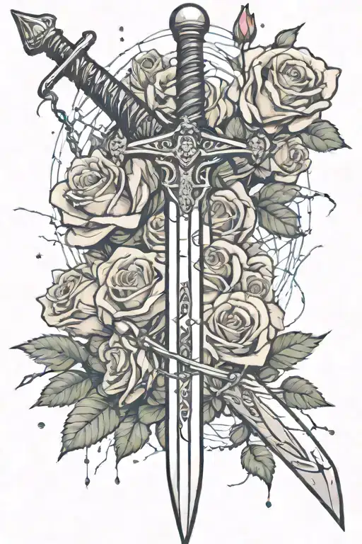 A Sword With Barbed Wire Wrapped Around The Blade With Roses And Stars