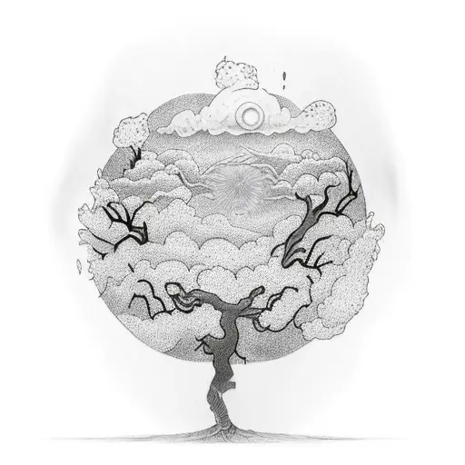 A Tree Of Life Tattoo On Upper Arm With Chakra In Background And Clouds To Cover The Area