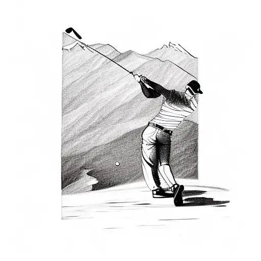 A Sketch Of A Golfer Teeing Off On A Mountain Peak