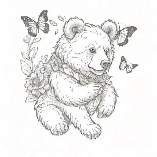 Small Bear Holding A Marigold Flower With Butterflies Flying Around The Flower