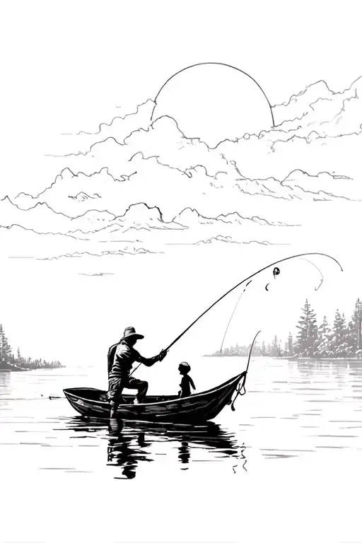Silhouette Man Fishing In Boat With Child