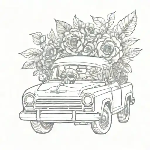 Car Tattoo With Skull And Flowers