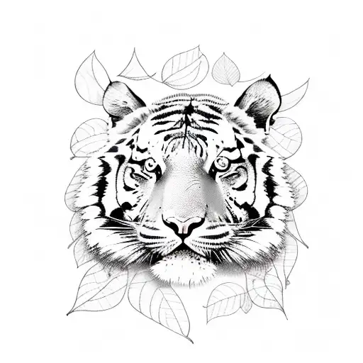 Tiger Face Among Dense Forest Leaves