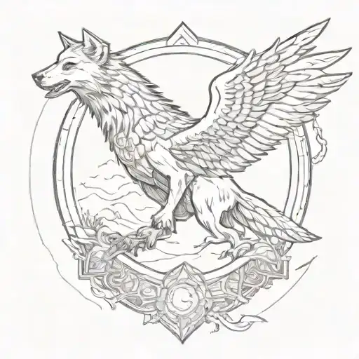 A Wolf Riding A Falcon Through A Trident-shaped Portal
