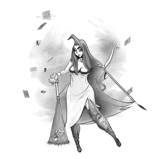 A Seductive Witch Flying On A Broomstick With A Trail Of Money And Drugs Behind Her