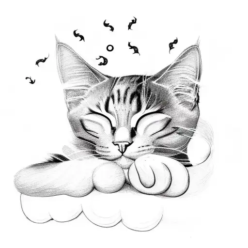 Full Body Black Cat Sleeping Peacedully In Curled Position With Angel Wings And Spirit Guide Marks