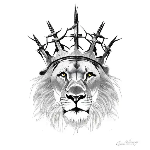 Christian Crosses And Lion Big Lion With A Thorns Crown
