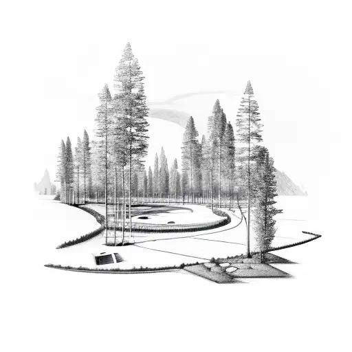 A Landscape Scene With A Football Stadium Surrounded By Trees And A River