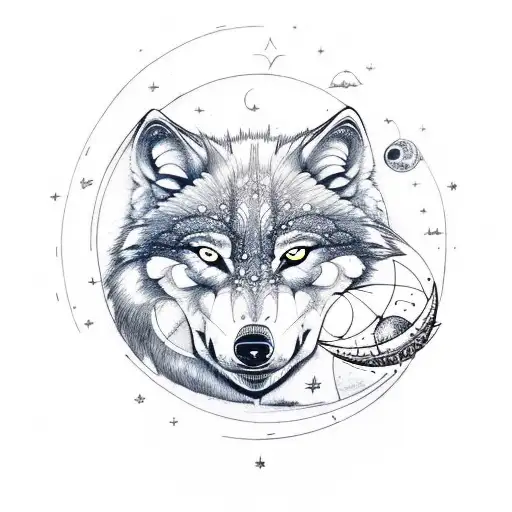 Wolf Whole Body With Sun And Moon And Stars