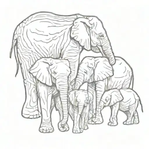 2 Parent And 3 Baby Elephants Holding Trunks