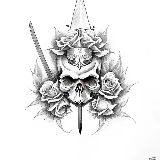 Skull With Roses And Sword