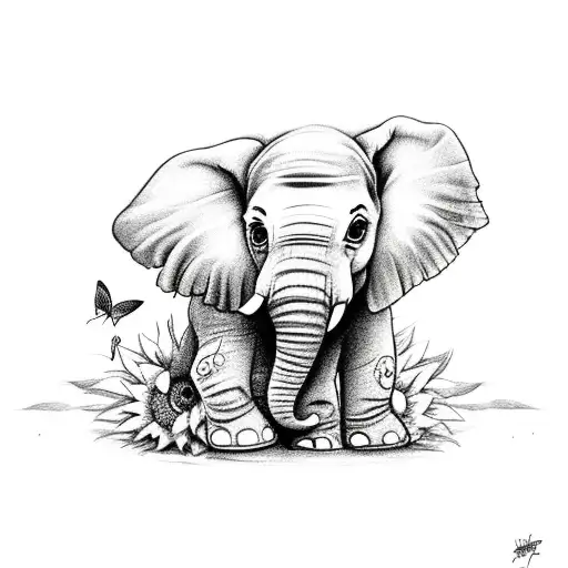 Baby Elephant Sitting In Sunflowers With A Butterfly On Its Trunk