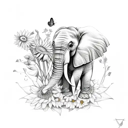 Elephant Sitting In Sunflowers With A Butterfly On Its Trunk