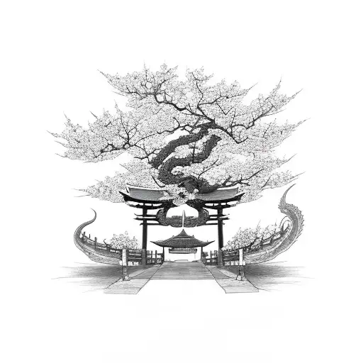 Japanese Cherry Blossom With A Dragon And Torii Gate