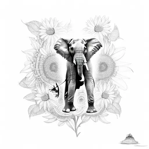 Elephant Sitting In Sunflowers With A Butterfly On Its Trunk