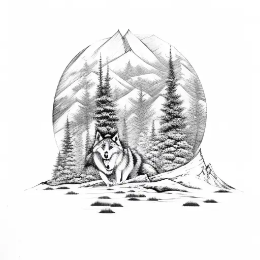 Forest With Mountains And Wolf