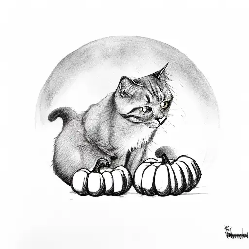 Sketch-style Design Of A Mischievous Black Cat Carving A Pumpkin