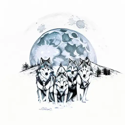 A Pack Of Wolves Howling At A Full Moon In A Barren Wasteland