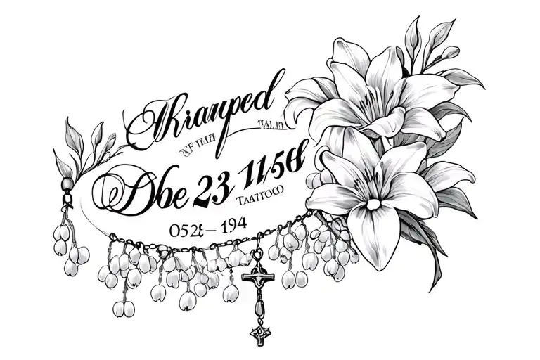 Date 05 23 1944 Script Font Surrounded With Lily Of The Valley Flower And Rosary