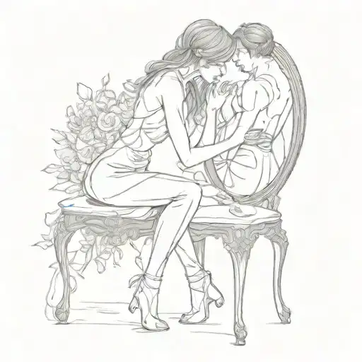 Women Kneeled Roses Man Walking Away In Mirror Women Sitting