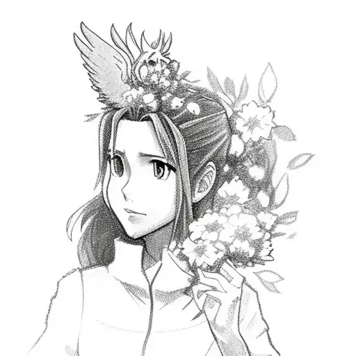 A Sketch Of Aerith Holding A Bouquet Of Flowers With A Phoenix Rising Behind Her