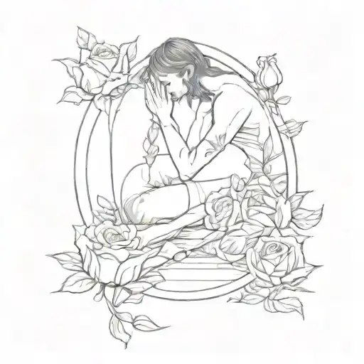 Women Kneeled Crying With Letter In Hand Roses Man Walking Away In Mirror