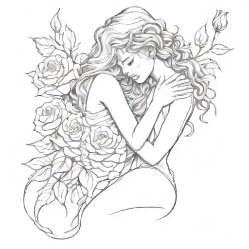 Women Kneeled Crying With Roses Intertwined