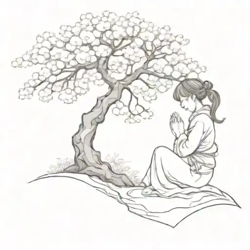 Sakura Tree On Hill Women Kneeling Praying