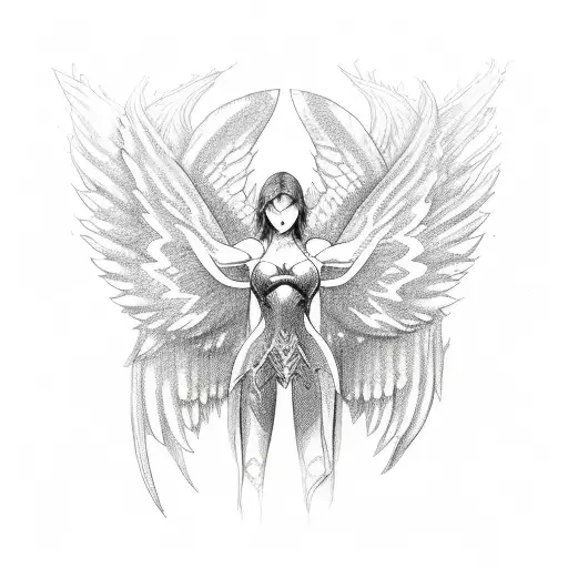 Power Angel With Spread Wings And Lightning