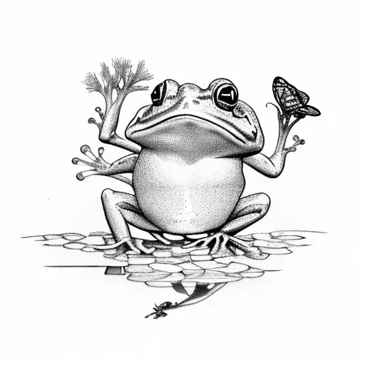 Frog And A Butterfly On A Pond With Nice Background