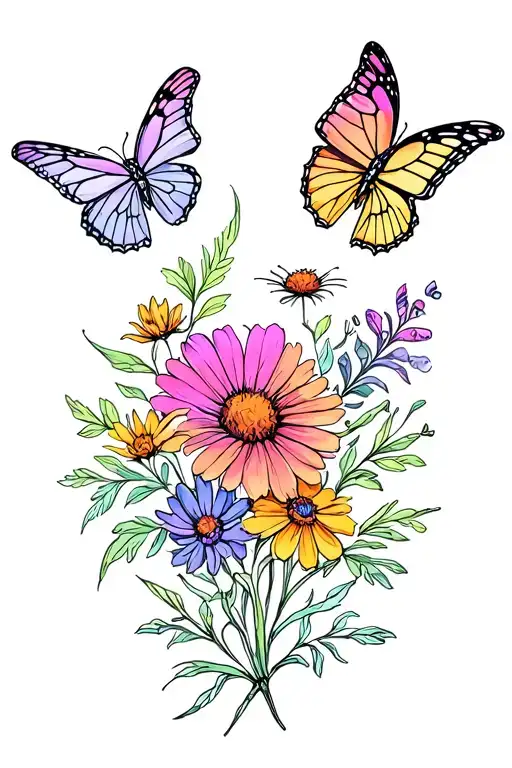 Colorful Wildflower Tattoo With Two Little Flying Butterflies