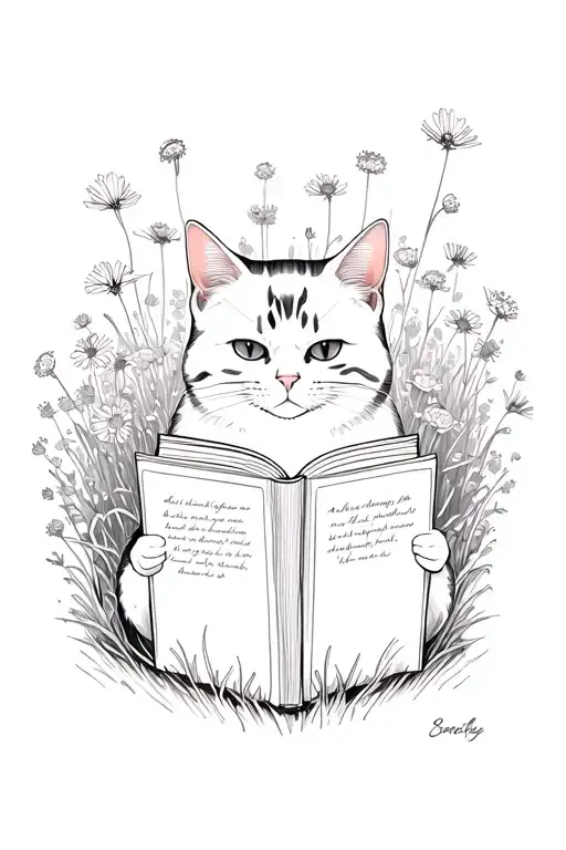 Cat Reading A Book In A Field Of Wildflowers