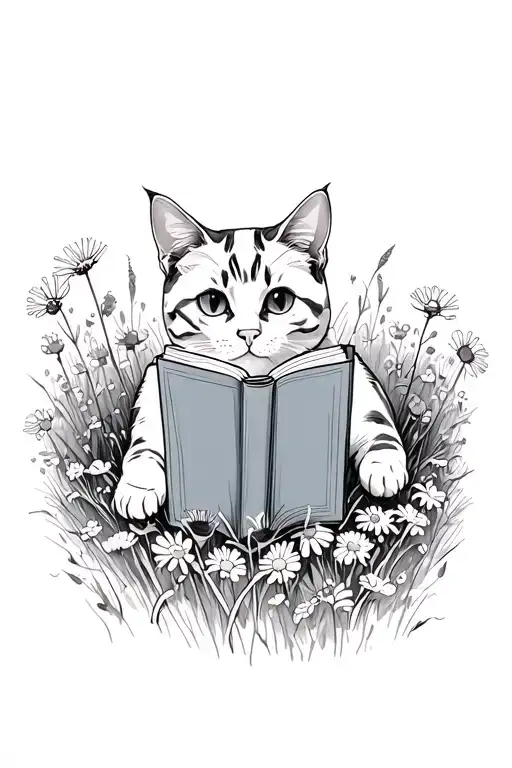 Cat Reading A Book Lying In A Field Of Wildflowers