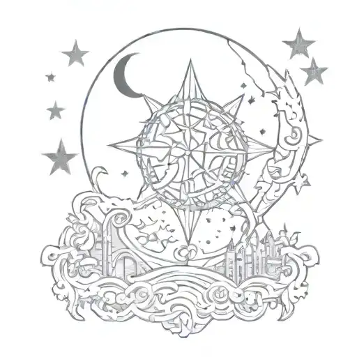 A Whimsical Gothic Design With Moon And Star Motifs Intertwined With Mystical Creatures