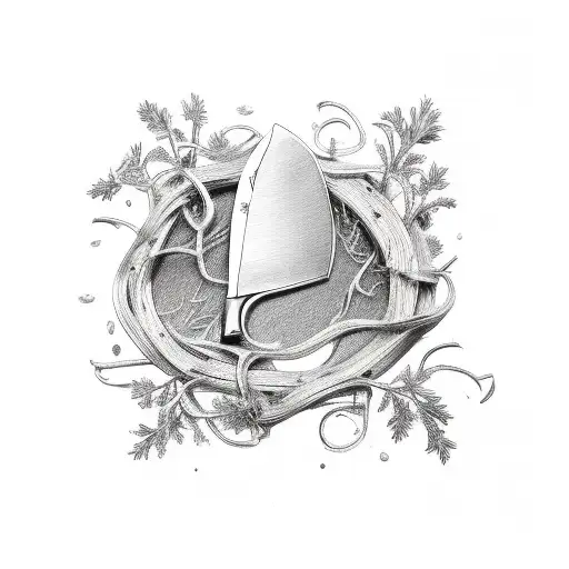 A Chef's Knife Entwined With A Vine Of Rosemary And Thyme