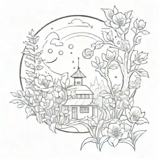 A Peaceful Scene With Flowers Blooming Under A Full Moon