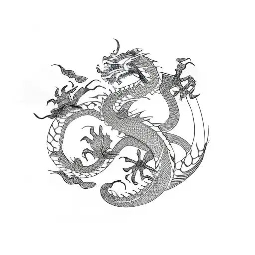 Dragon Landscape With Chinese Letters Written Under Swirls On The Side