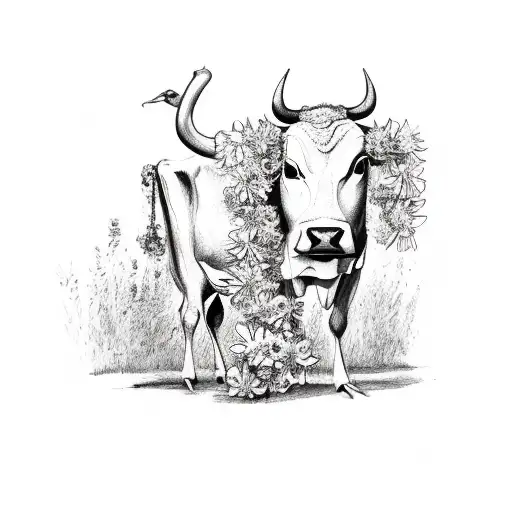 Woman Who Standing In Front Of The Cow And Wears Flower Costume