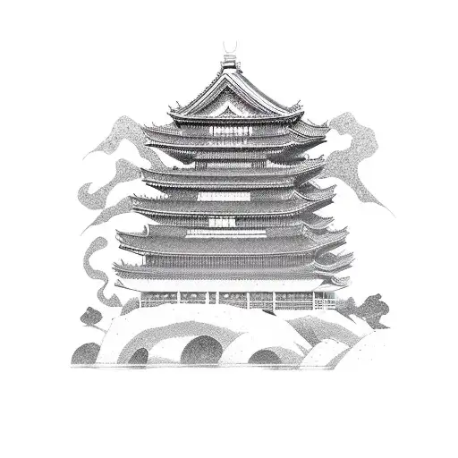 Japanese Mask With Katana And Tower And Lake